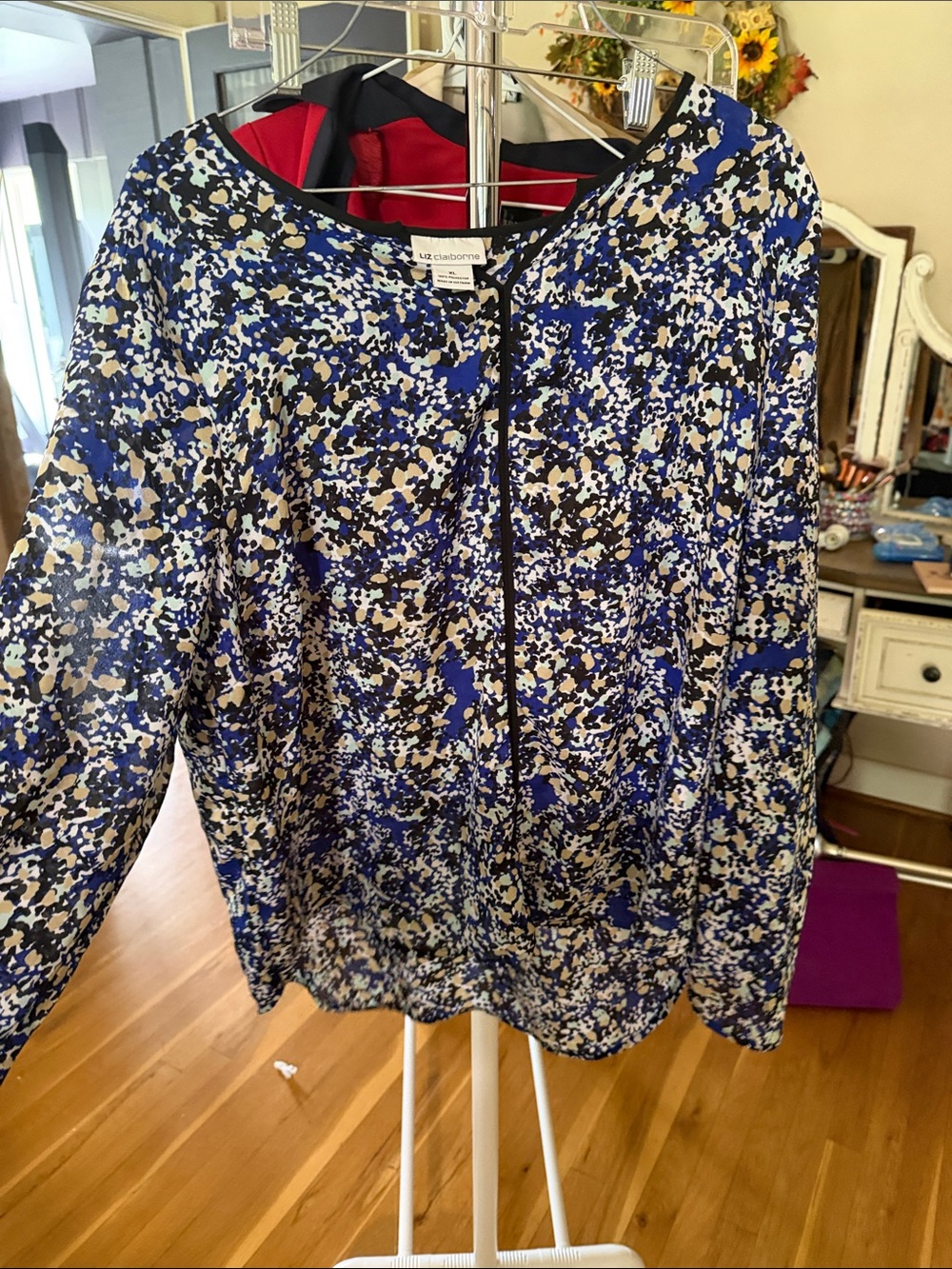 Liz Claiborne Blue, Black, White and Tan Abstract Print blouse